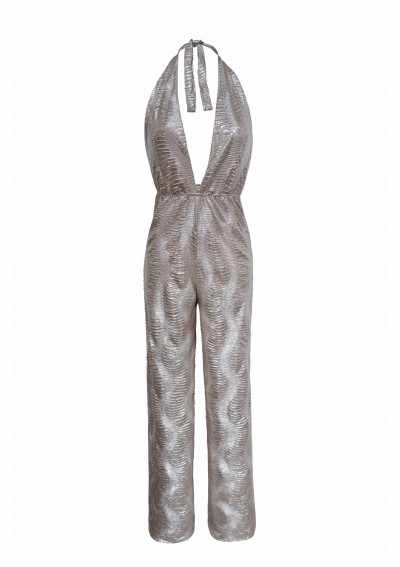 HYEDA Mono halter champán con escote profundo y textura con estampado animal de serpiente