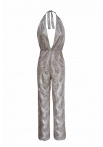 HYEDA Champagne halter jumpsuit with deep neckline and snake animal print texture