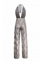 HYEDA Champagne halter jumpsuit with deep neckline and snake animal print texture